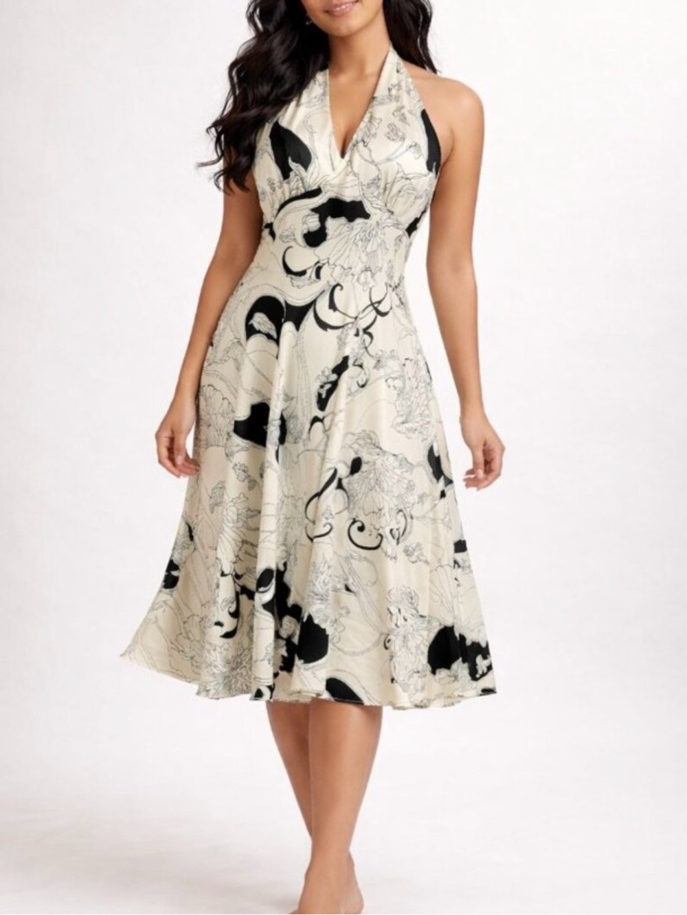 Vintage 100% Silk Halter Top Midi Dress Floral Print Size 12